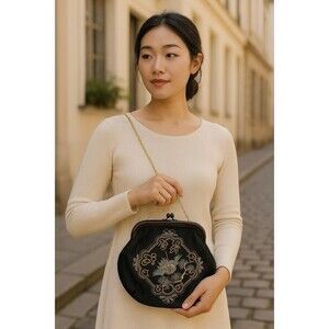 Vintage Black Silk Bag Gold Chain Classy Chic Festival Unique Glamorous Hand Bag